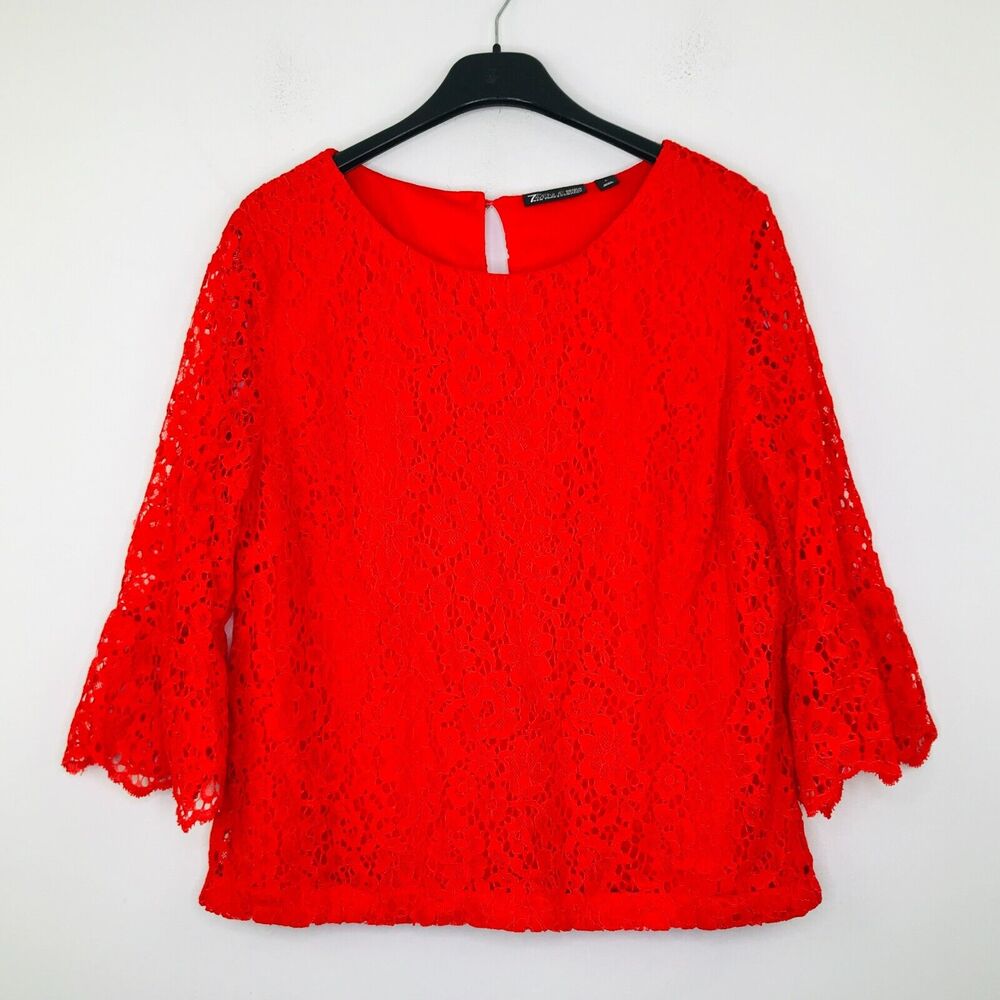 7th Avenue Women's Large Blouse Red Floral Lace Lined 3/4 Flared Sleeve BP12